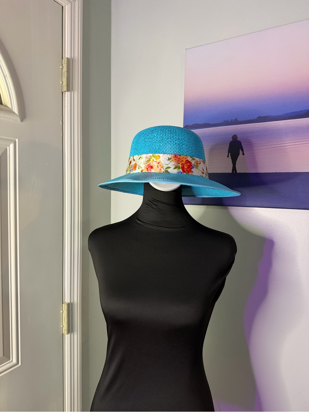 Blue Straw Sun Hat with Floral Band